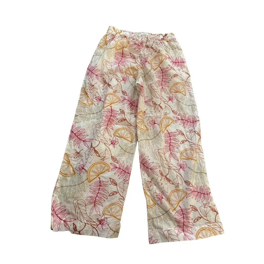 J. Crew Citrus Embroidered Cotton Wide Leg Pants White Orange Pink AW32876